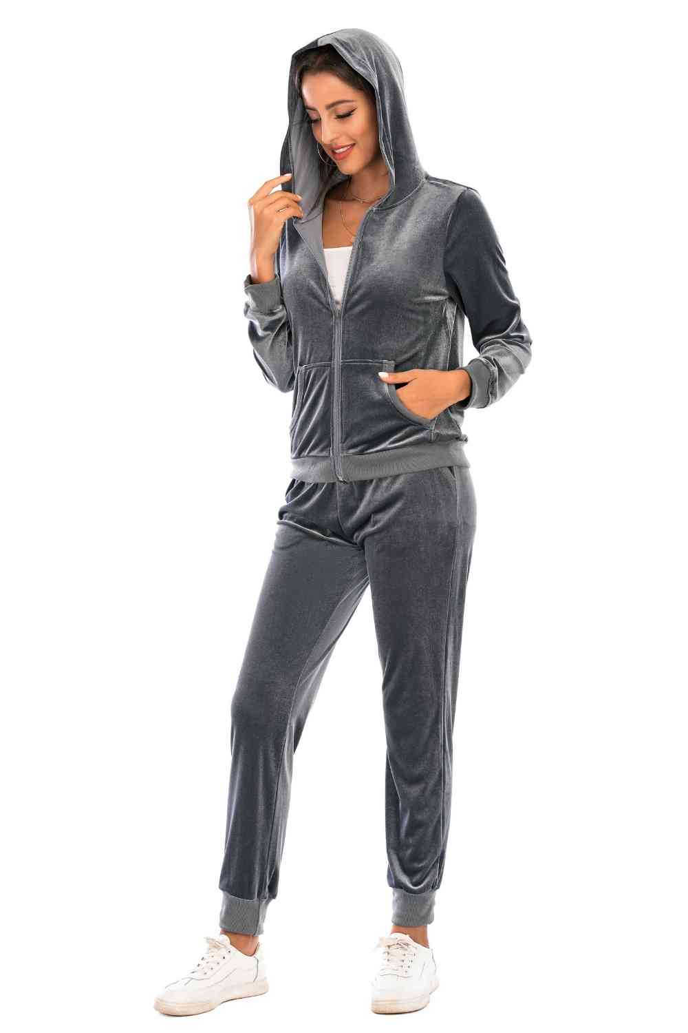 Dark Slate Gray Zip-Up Hooded Jacket and Pants Set New Year Looks