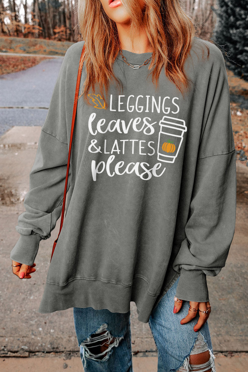 Dim Gray Round Neck Dropped Shoulder LEGGINGS LEAVES LATTES PLEASE Graphic Sweatshirt Sweatshirts