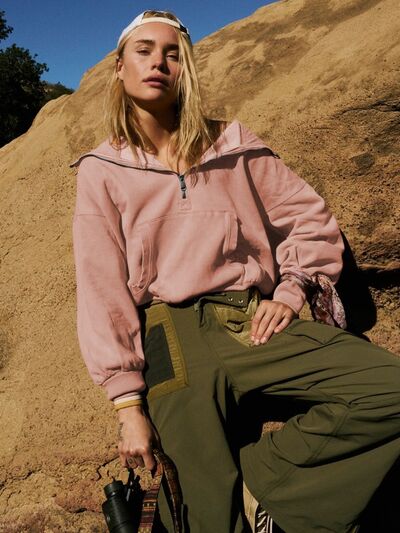 Rosy Brown Half Zip Pocketed Dropped Shoulder Hoodie activewear