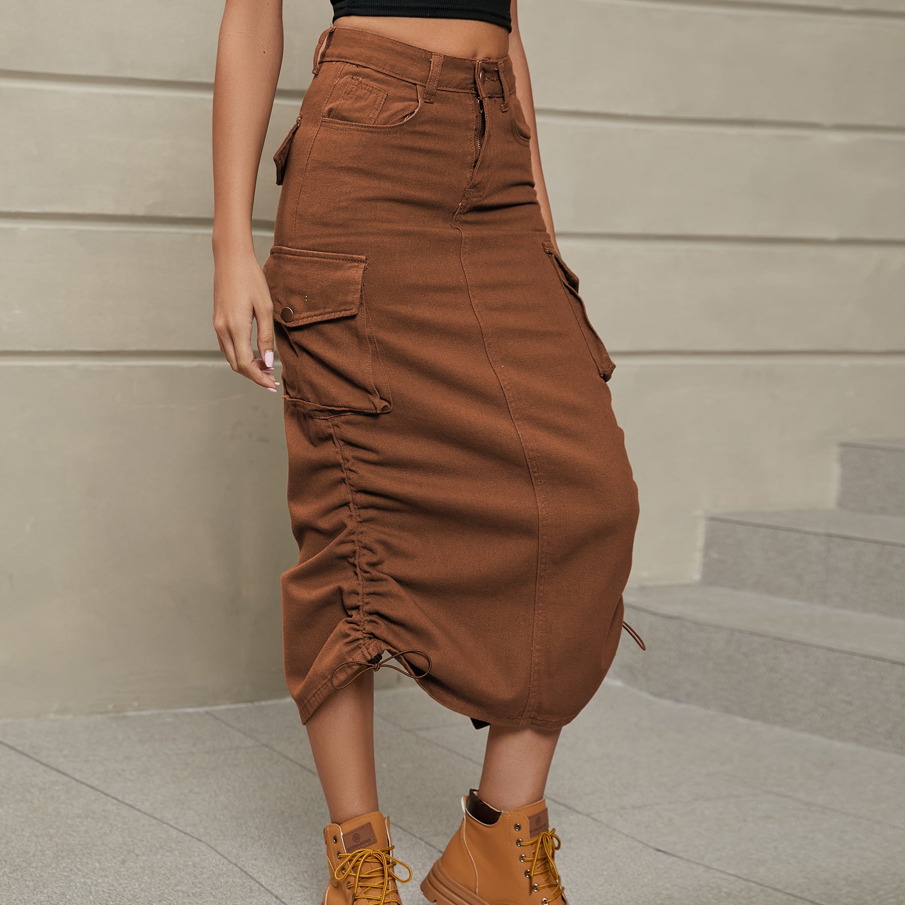 Rosy Brown Drawstring Ruched Slit Denim Midi Skirt Denim