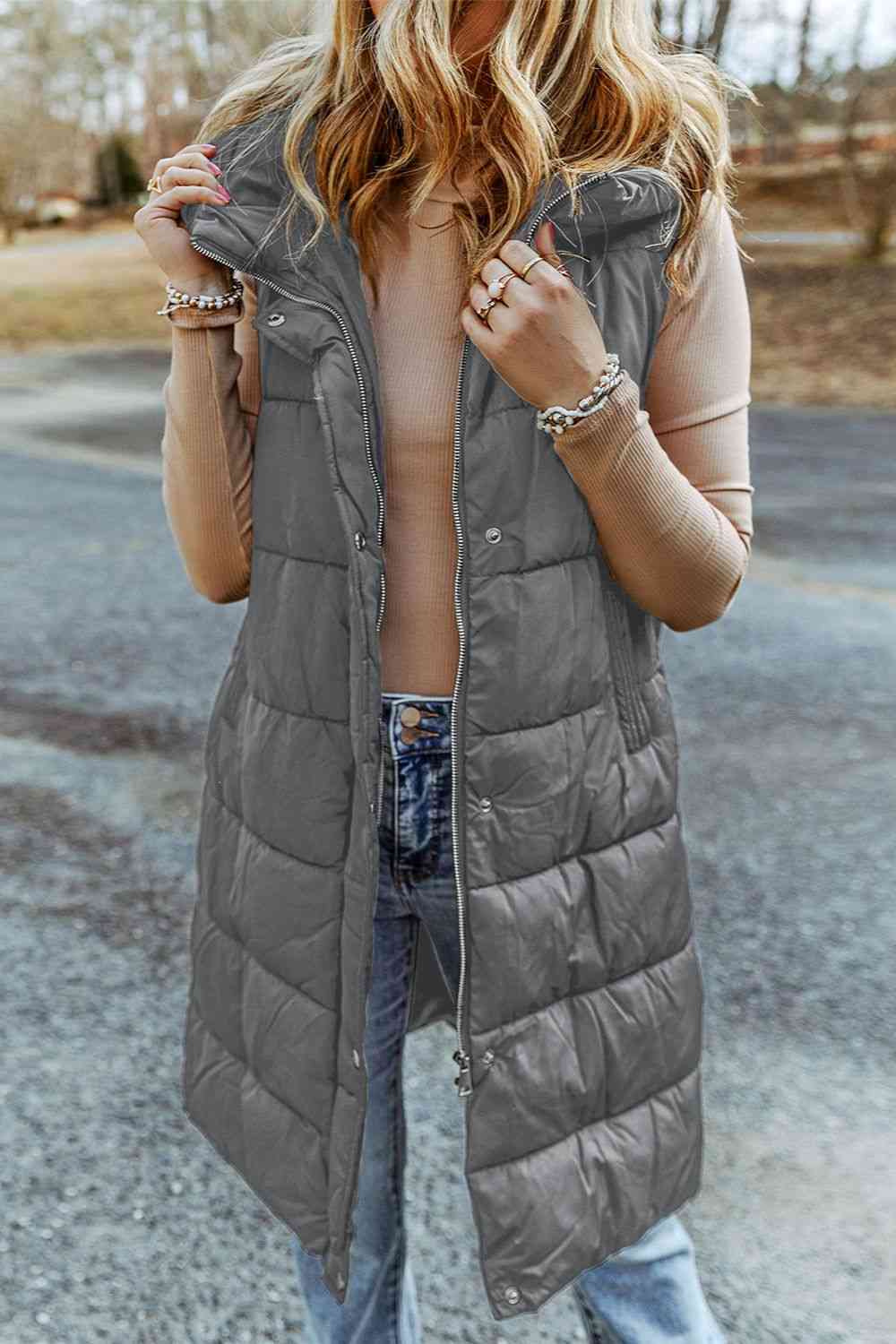 Dim Gray Longline Hooded Sleeveless Puffer Vest VEST