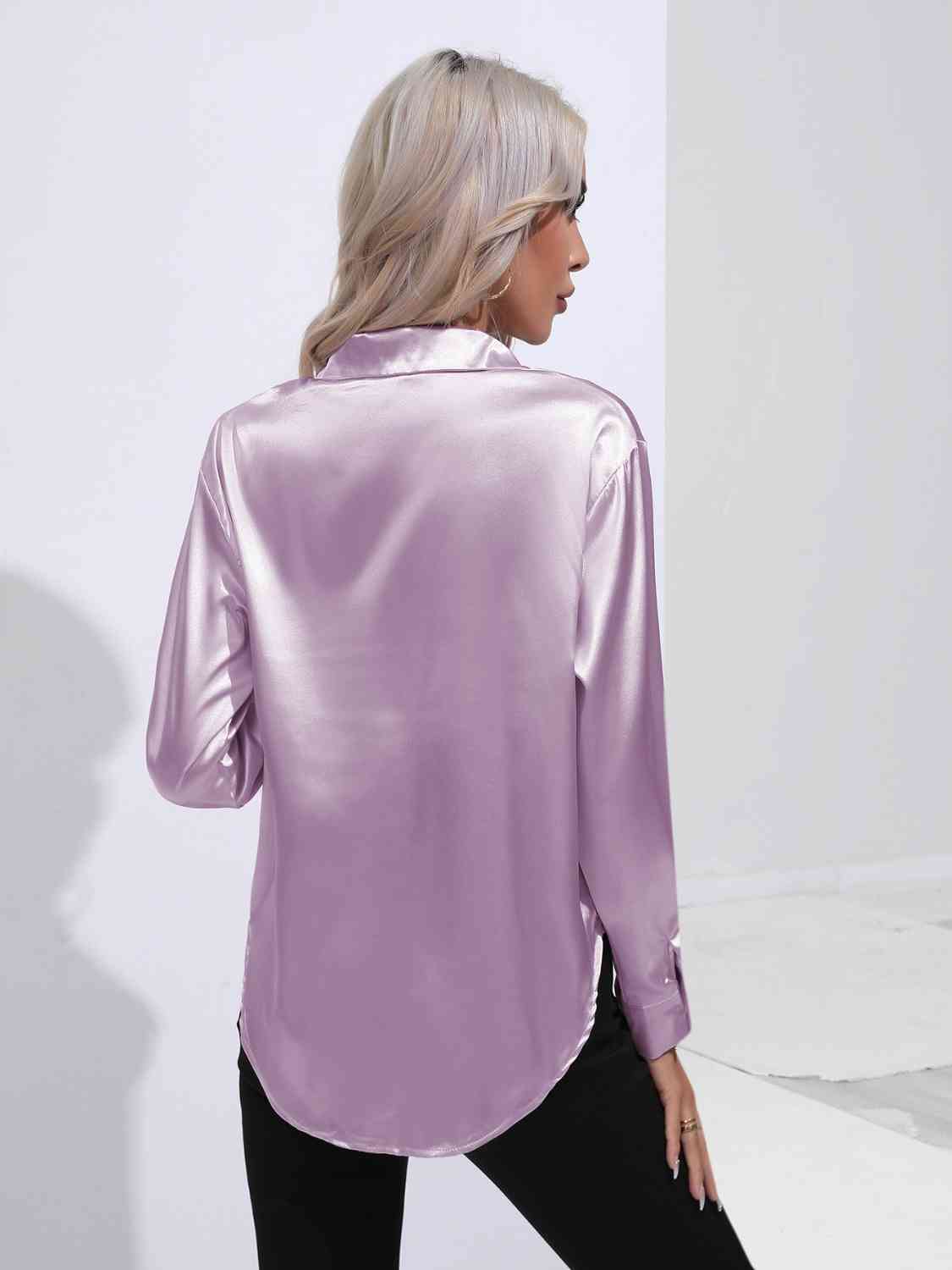 Thistle Modern Times Collared Neck Buttoned Long Sleeve Shirt Satin Tops