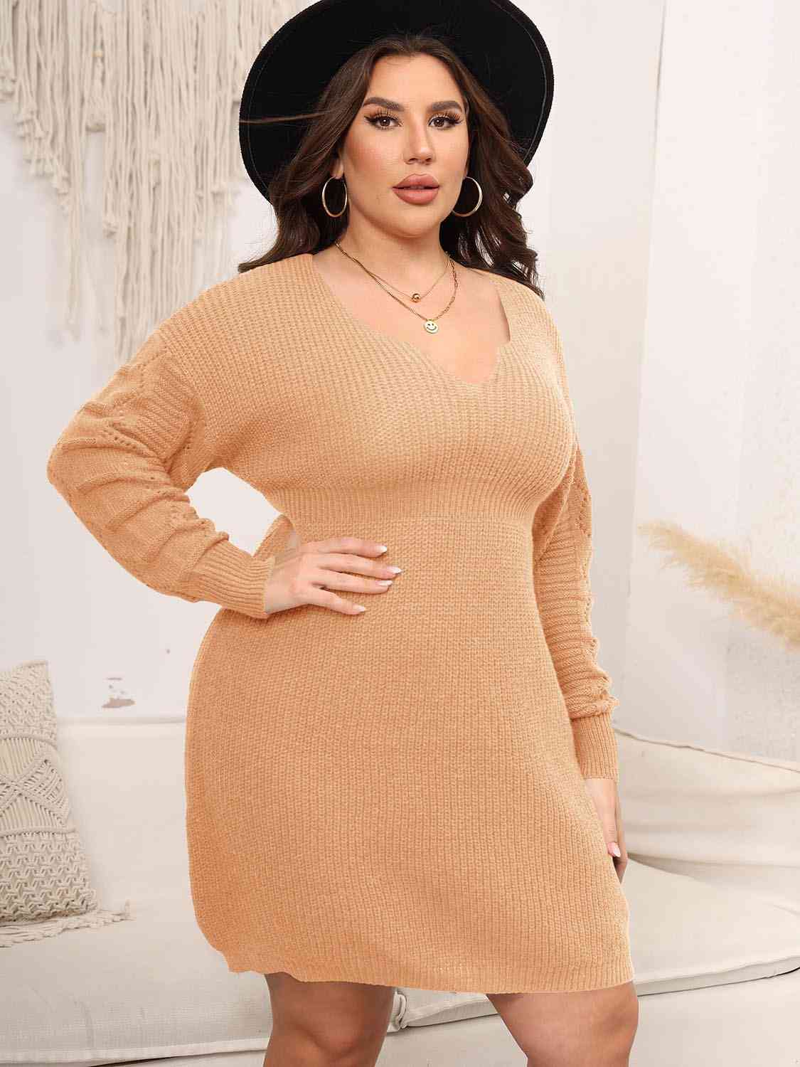 Wheat Plus Size Dropped Shoulder Long Sleeve Knit Mini Dress Plus Size Clothes