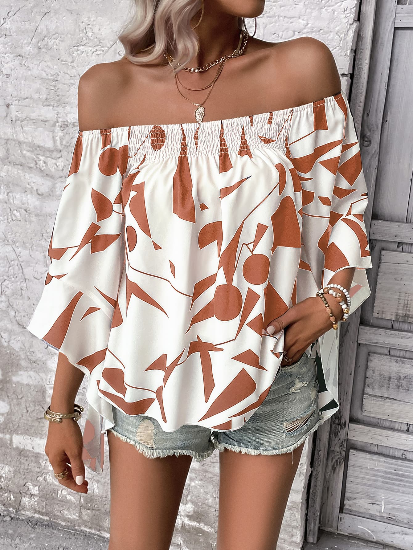 Gray Printed Off-Shoulder Bell Sleeve Blouse Tops