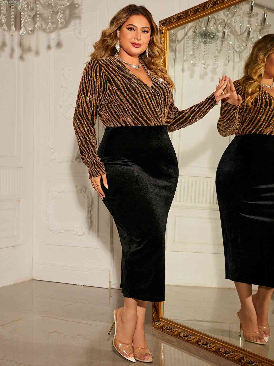 Tan It Girl Plus Size Surplice Neck Long Sleeve Slit Dress Plus Size Dresses