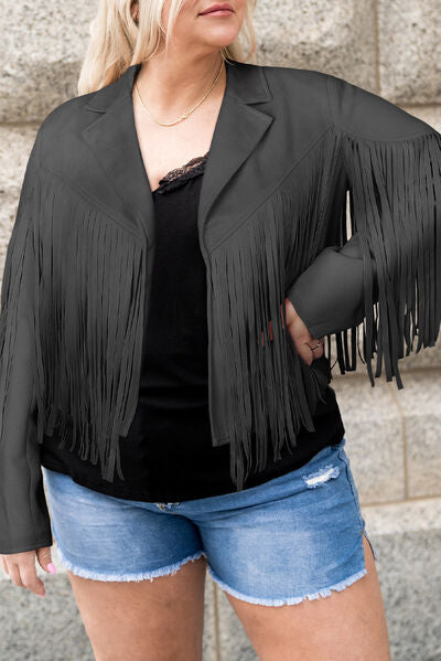 Tan Plus Size Fringe Open Front Jacket Plus Size Clothing