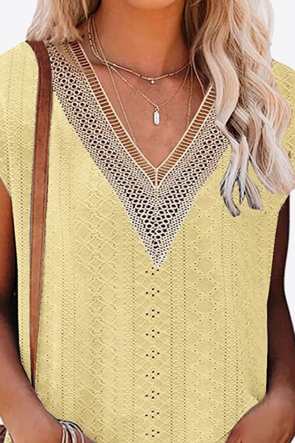 Tan Eyelet Contrast V-Neck Tee Tops