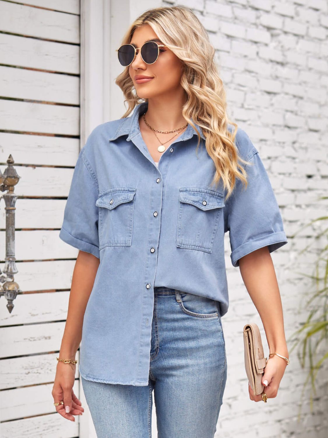 Gray Collared Neck Short Sleeve Denim Jacket Denim