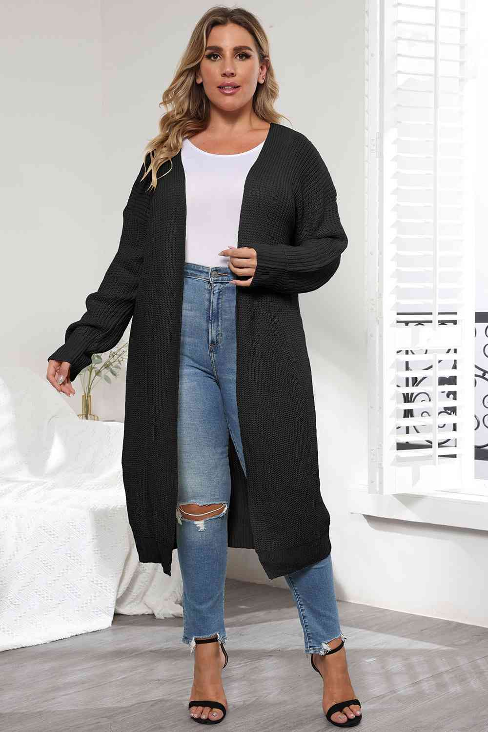 Light Gray Plus Size Open Front Long Sleeve Cardigan Plus Size Clothes