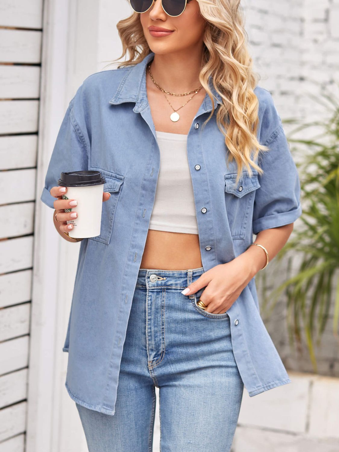 Gray Collared Neck Short Sleeve Denim Jacket Denim