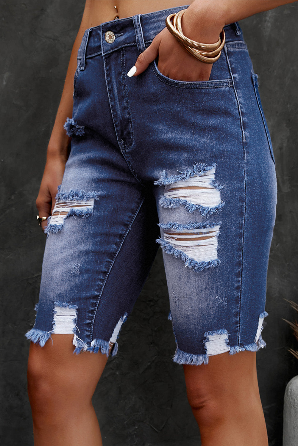 Dark Slate Gray Distressed Frayed Hem Denim Bermuda Shorts