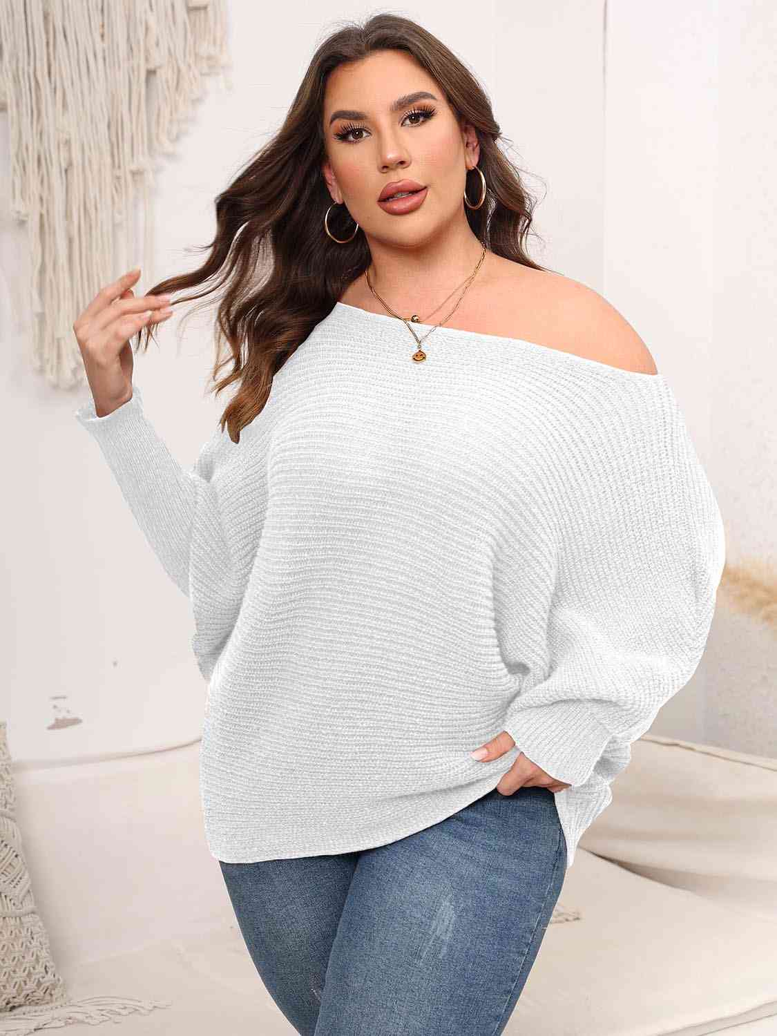 Light Gray Full Size Boat Neck Batwing Sleeve Sweater Plus Size Clothes