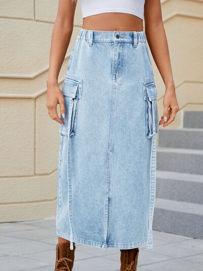 Gray That's Bae Slit Pocketed High Waist Denim Skirt Denim Skirt