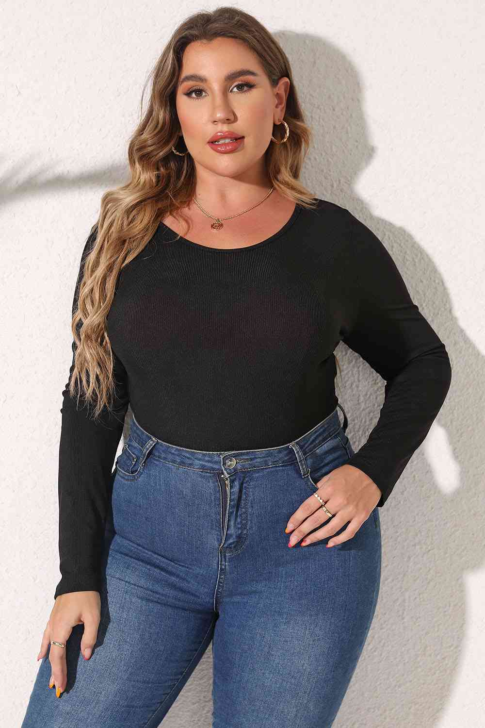 Dark Slate Gray Plus Size Round Neck Long Sleeve Bodysuit Plus Size Clothes