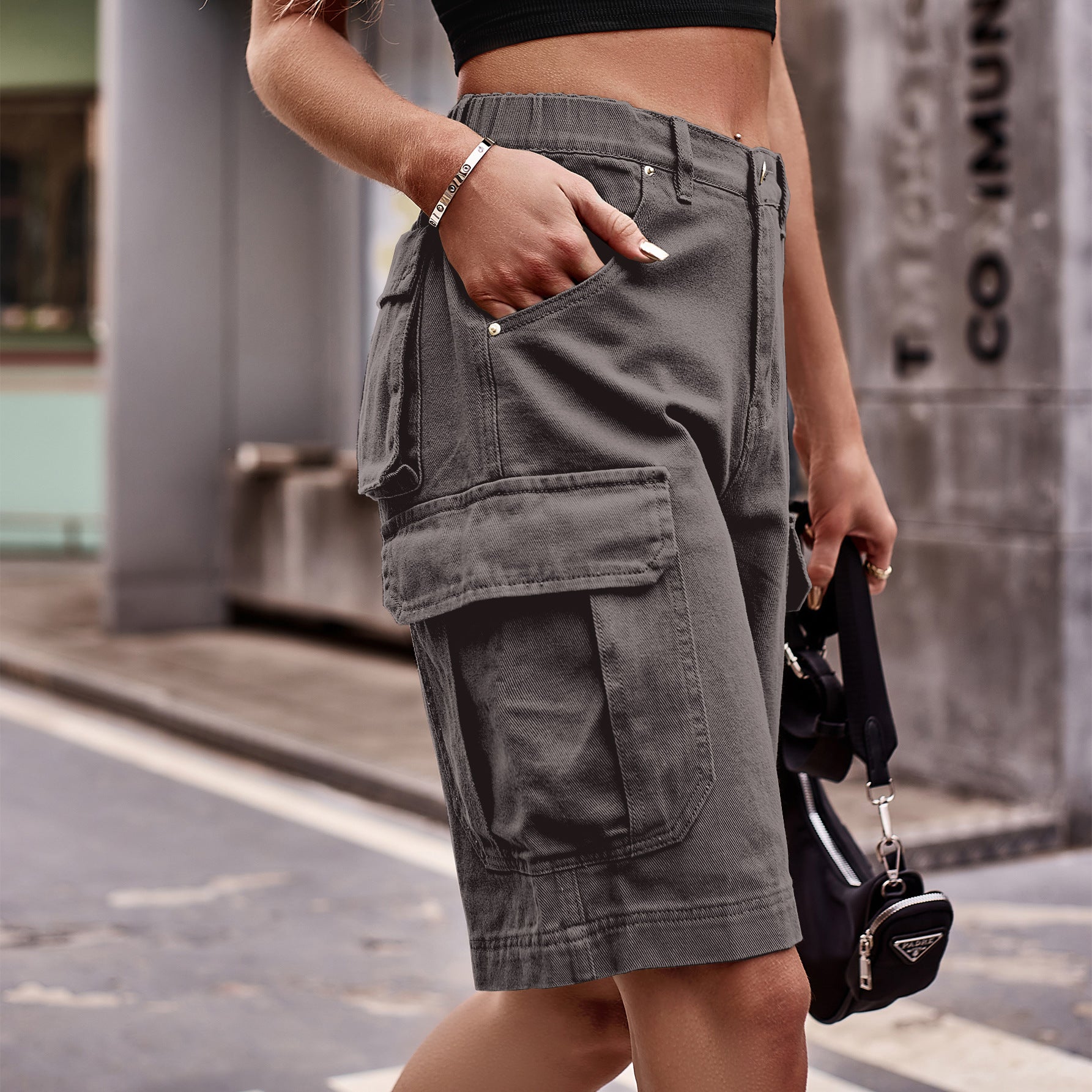 Dim Gray Denim Cargo Shorts with Pockets Denim