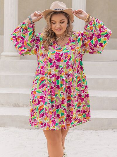 Gray Plus Size Printed V-Neck Balloon Sleeve Mini Dress Plus Size Clothing
