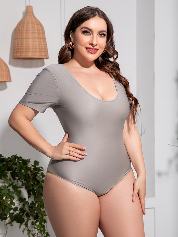 Gray Plus Size Scoop Neck Short Sleeve One-Piece Swimsuit Plus Size Clothes