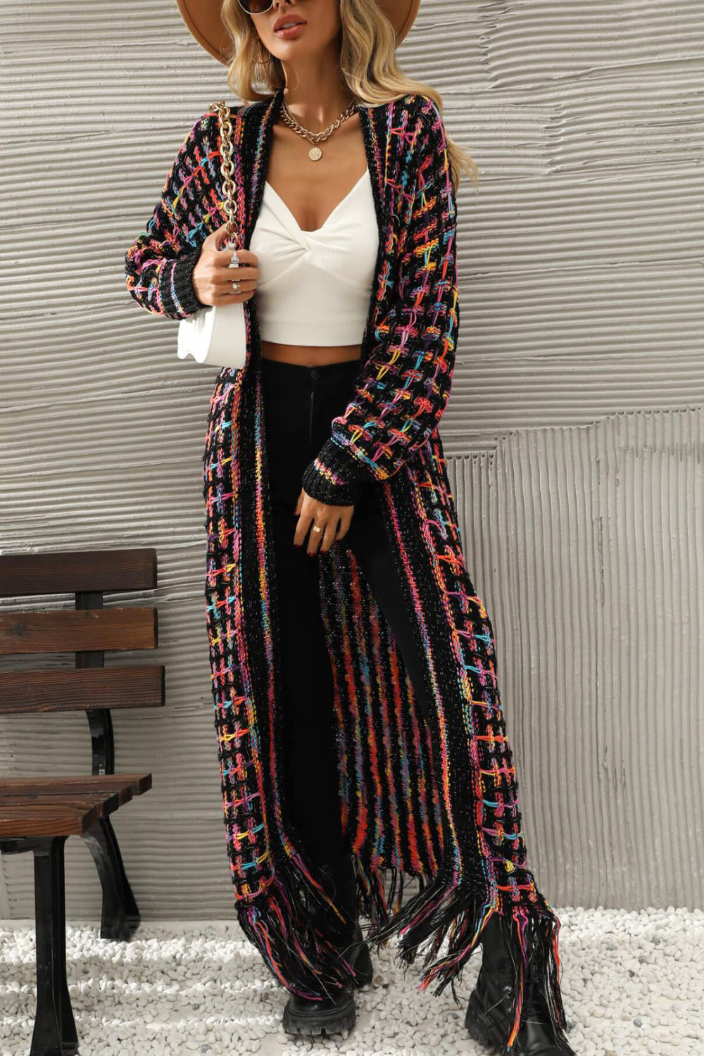 Dark Gray Multicolored Open Front Fringe Hem Cardigan Clothing