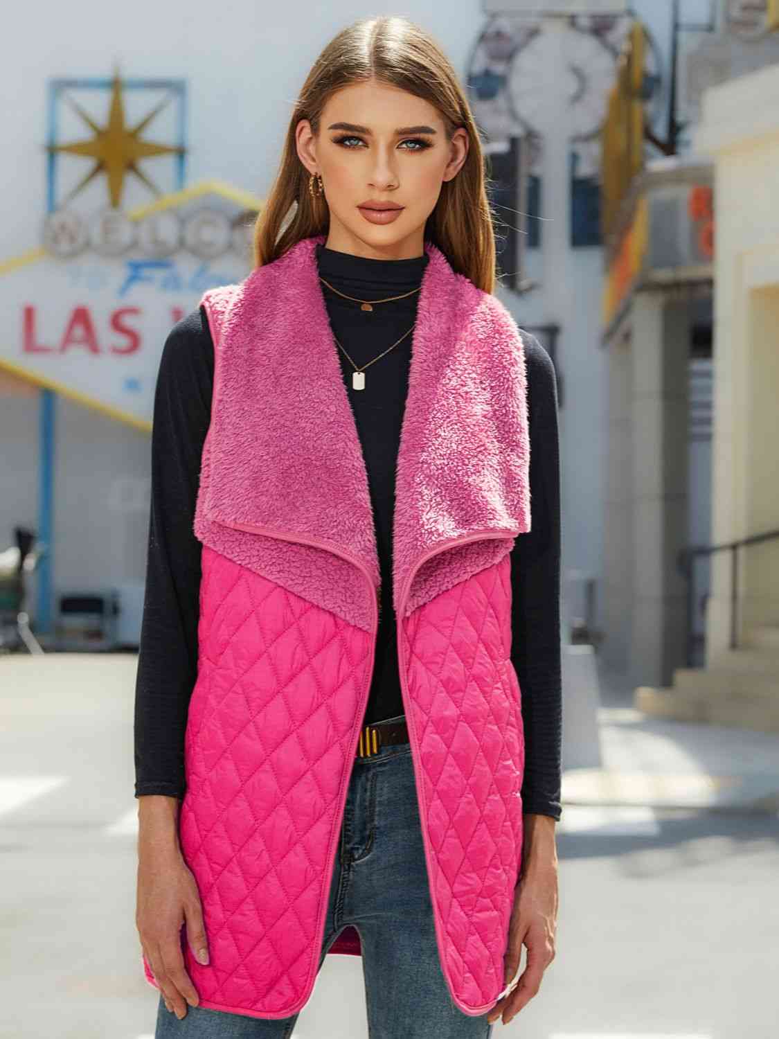 Rosy Brown Open Front Collared Vest Winter Accessories