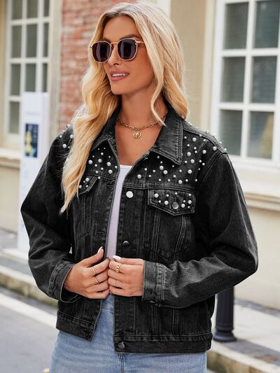 Dark Gray Pearl Detail Collared Neck Long Sleeve Denim Jacket Denim