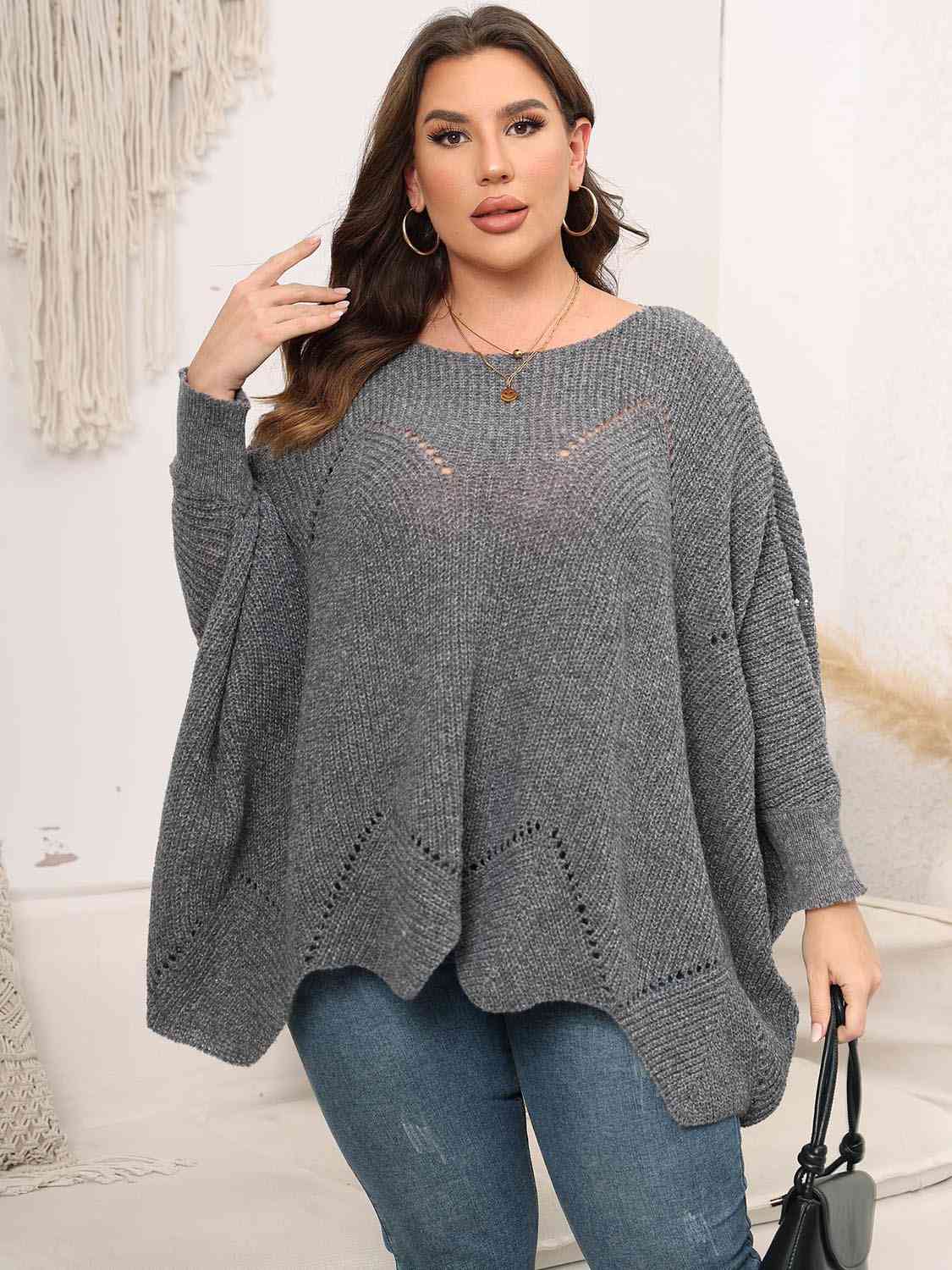 Light Gray Plus Size Round Neck Batwing Sleeve Sweater Plus Size Clothes