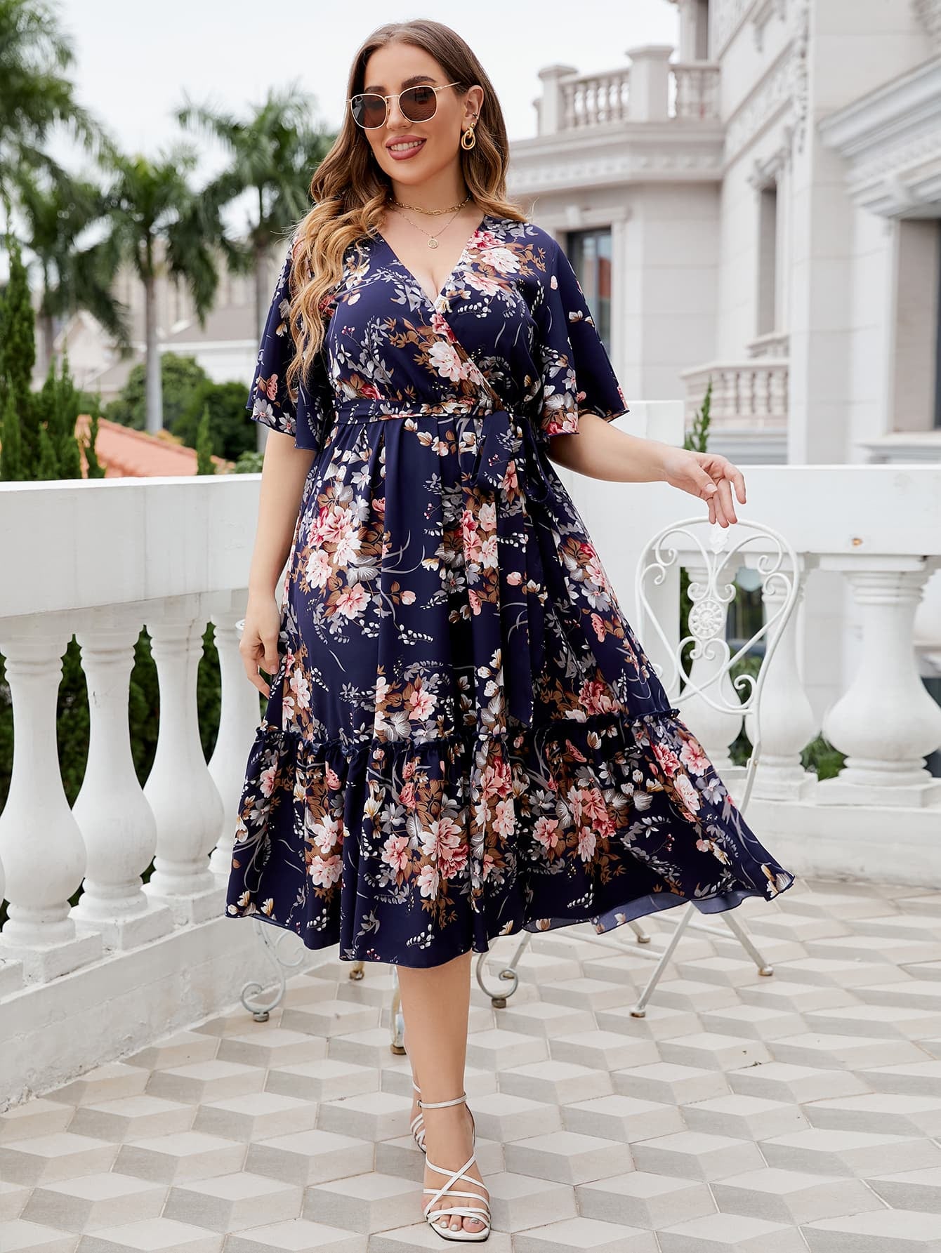 Gray Flower Child Plus Size Floral Surplice Neck Midi Dress Plus Size Dresses
