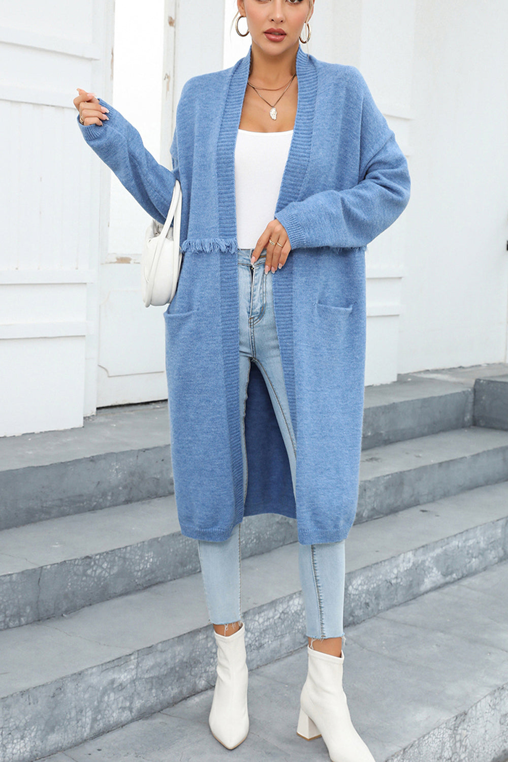 Gray Open Front Pocketed Cardigan Clothing