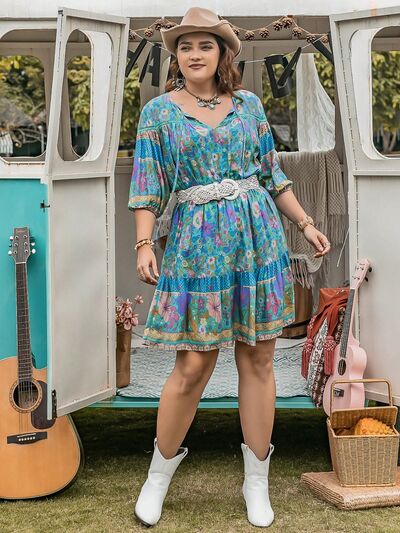 Rosy Brown Plus Size Printed Tie Neck Mini Dress Plus Size Clothing