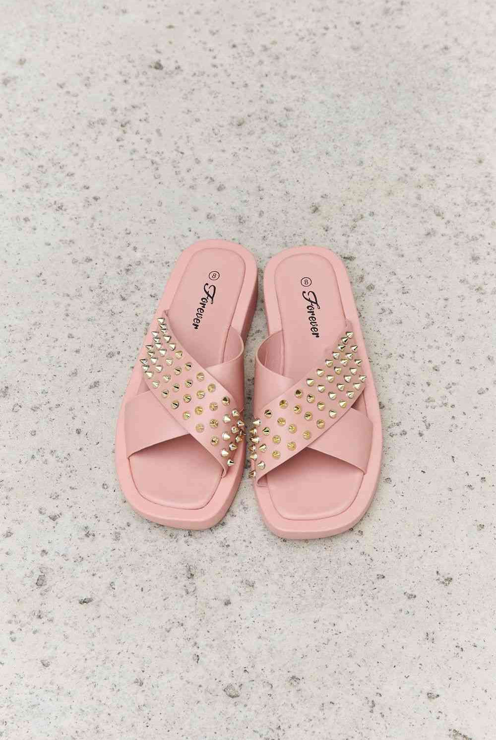 Light Gray Forever Link Studded Cross Strap Sandals in Blush Shoes