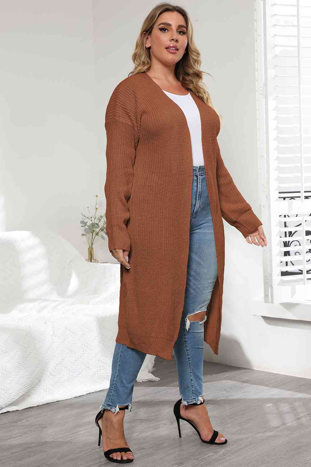 Light Gray Plus Size Open Front Long Sleeve Cardigan Plus Size Clothes