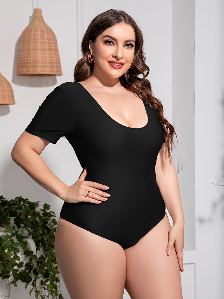 Black Plus Size Scoop Neck Short Sleeve One-Piece Swimsuit Plus Size Clothes