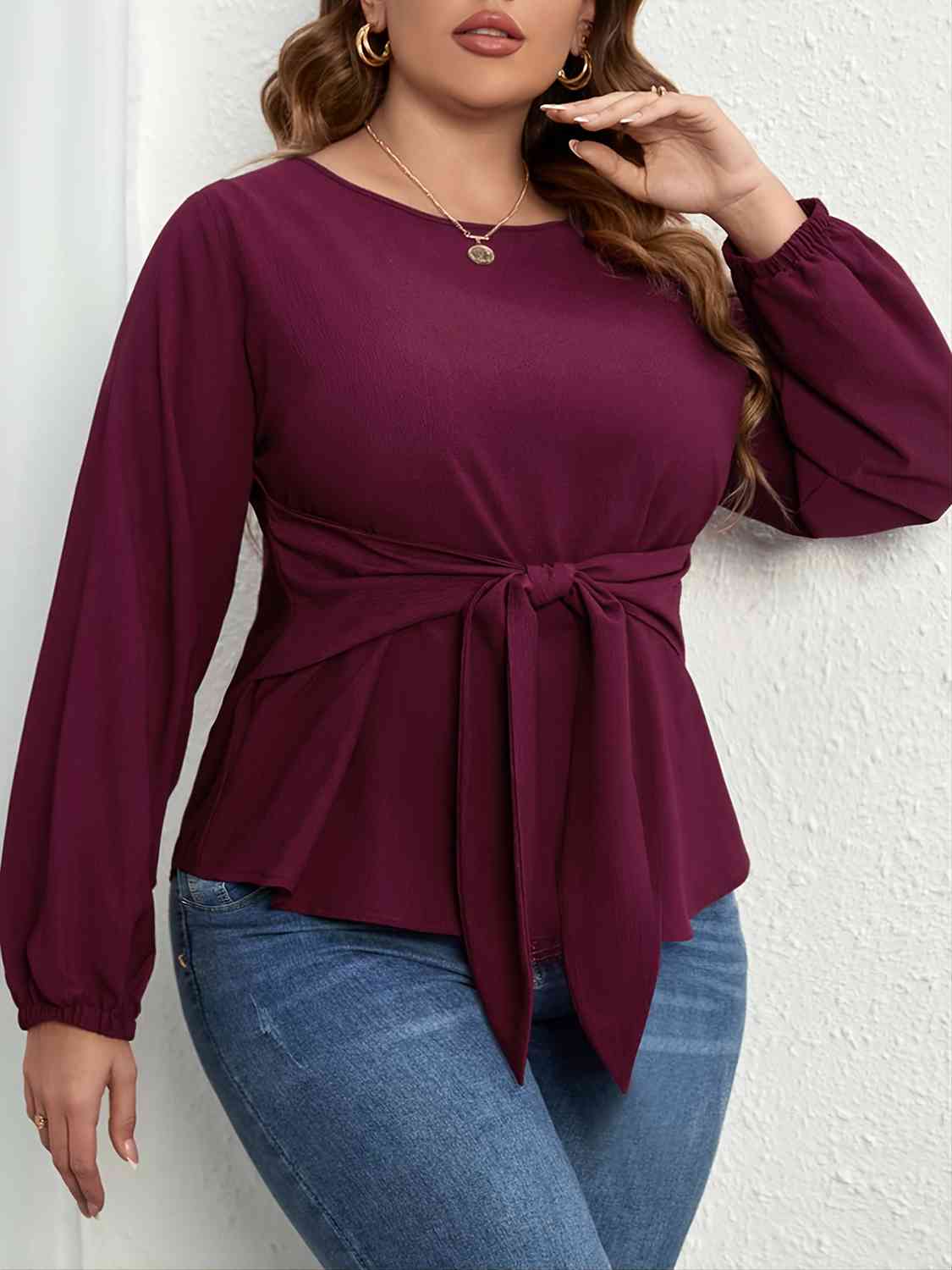 Light Gray Plus Size Tie Front Long Sleeve Blouse Plus Size Clothes
