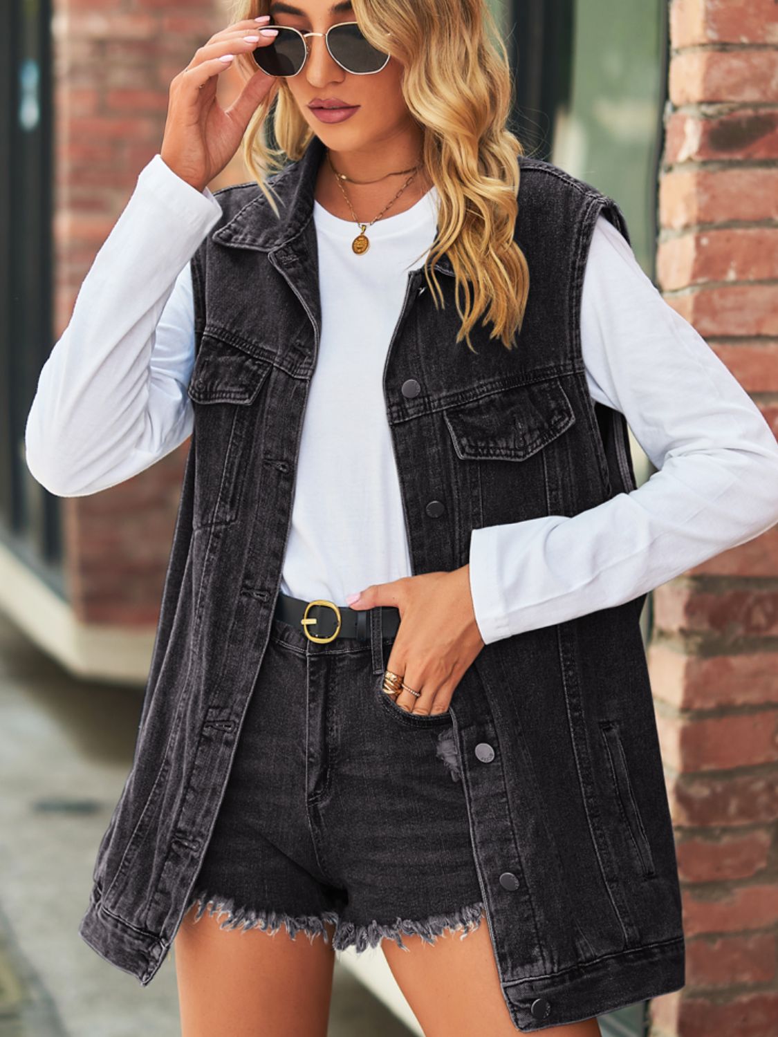 Dark Slate Gray Collared Neck Sleeveless Denim Top with Pockets Denim