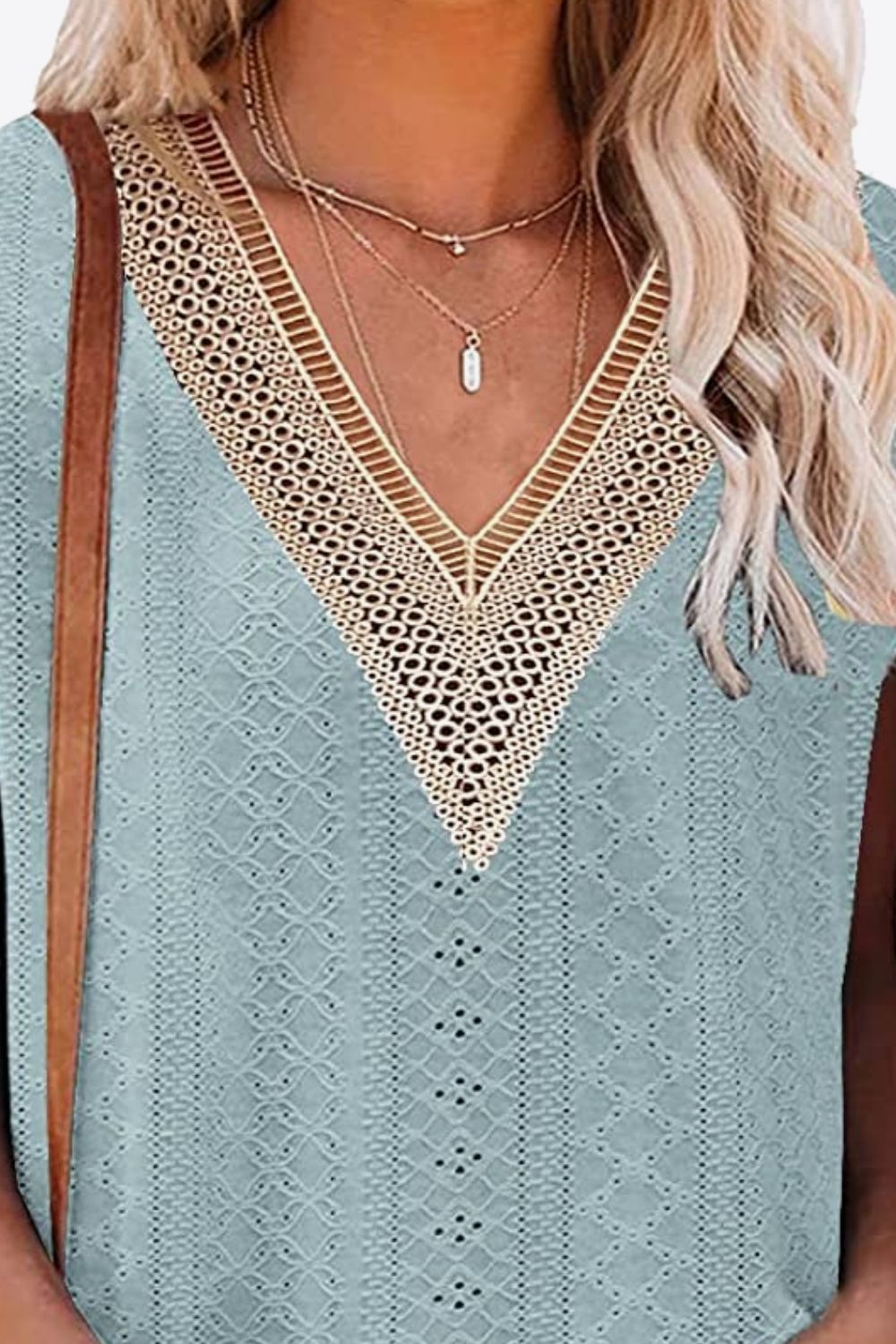 Dark Gray Eyelet Contrast V-Neck Tee Tops