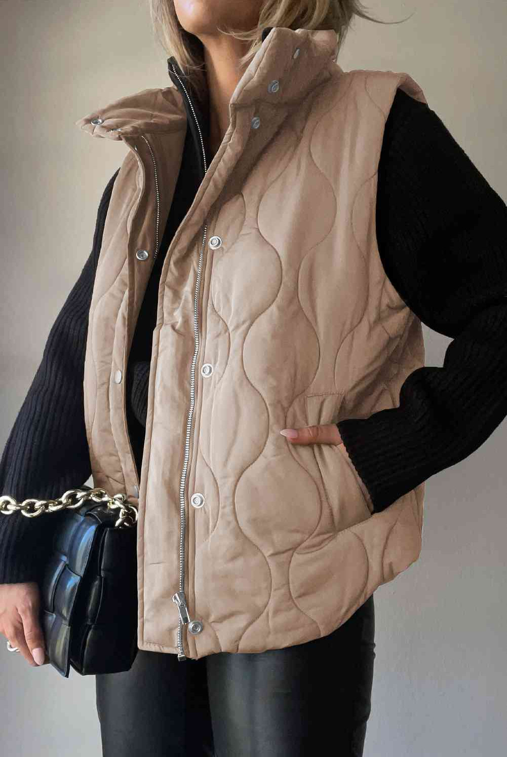 Rosy Brown Collared Neck Vest with Pockets Winter Accessories