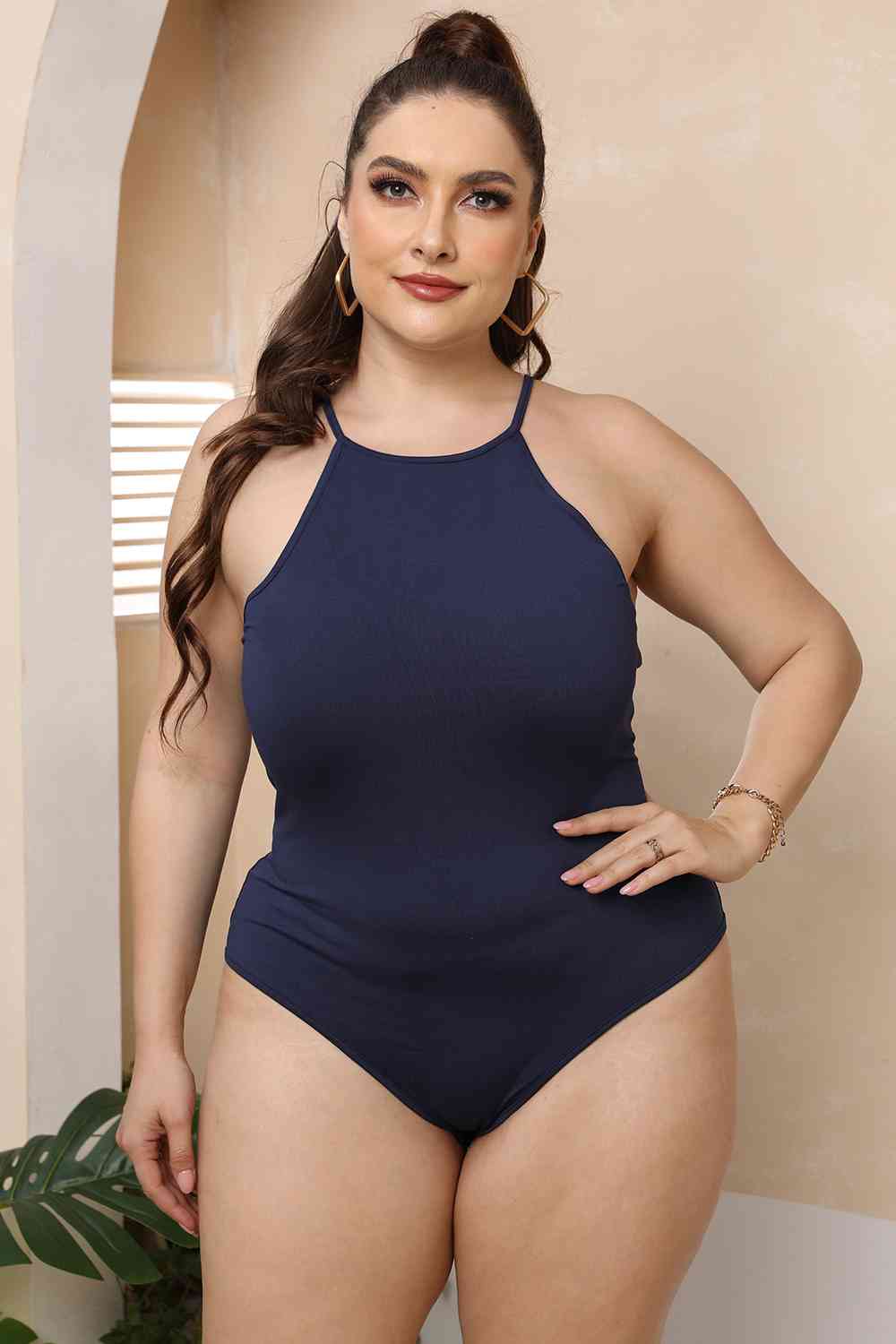 Tan Plus Size Halter Neck Spaghetti Strap Bodysuit Plus Size Clothes
