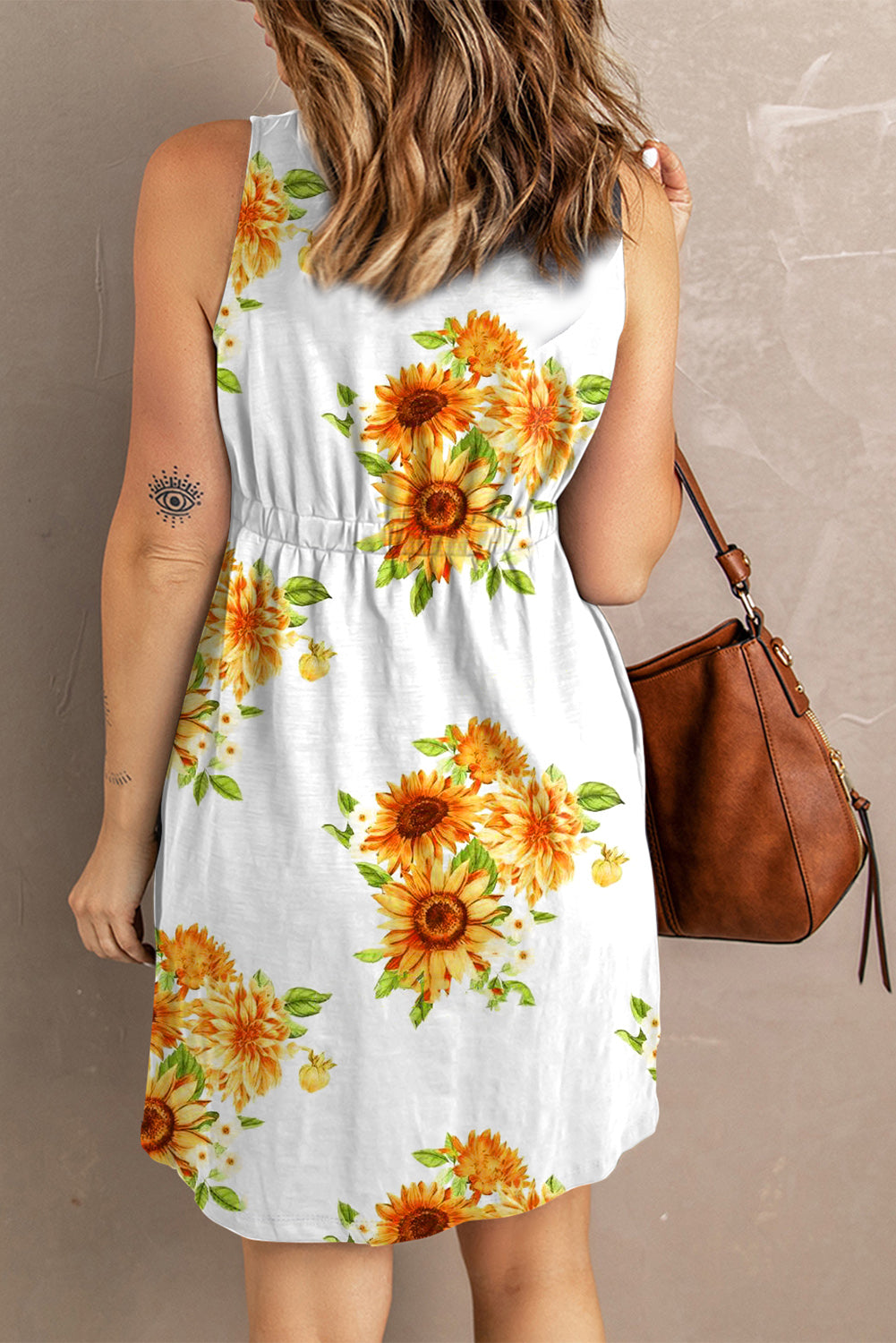 Rosy Brown Sunflower Print Magic Button Down Sleeveless Dress Dresses