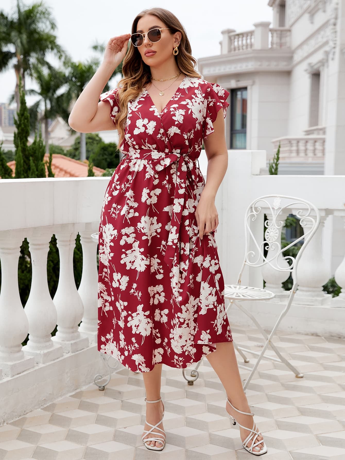 Light Gray Let's Keep It Simple Plus Size Floral Tie Waist Surplice Neck Midi Dress Curvy Dress