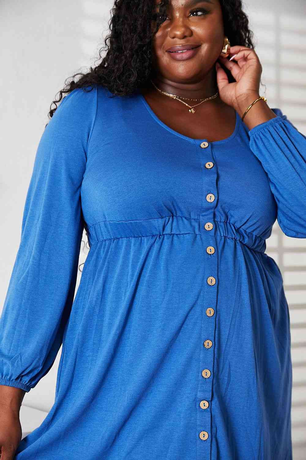 Steel Blue Double Take Scoop Neck Empire Waist Long Sleeve Magic Dress Work Attire