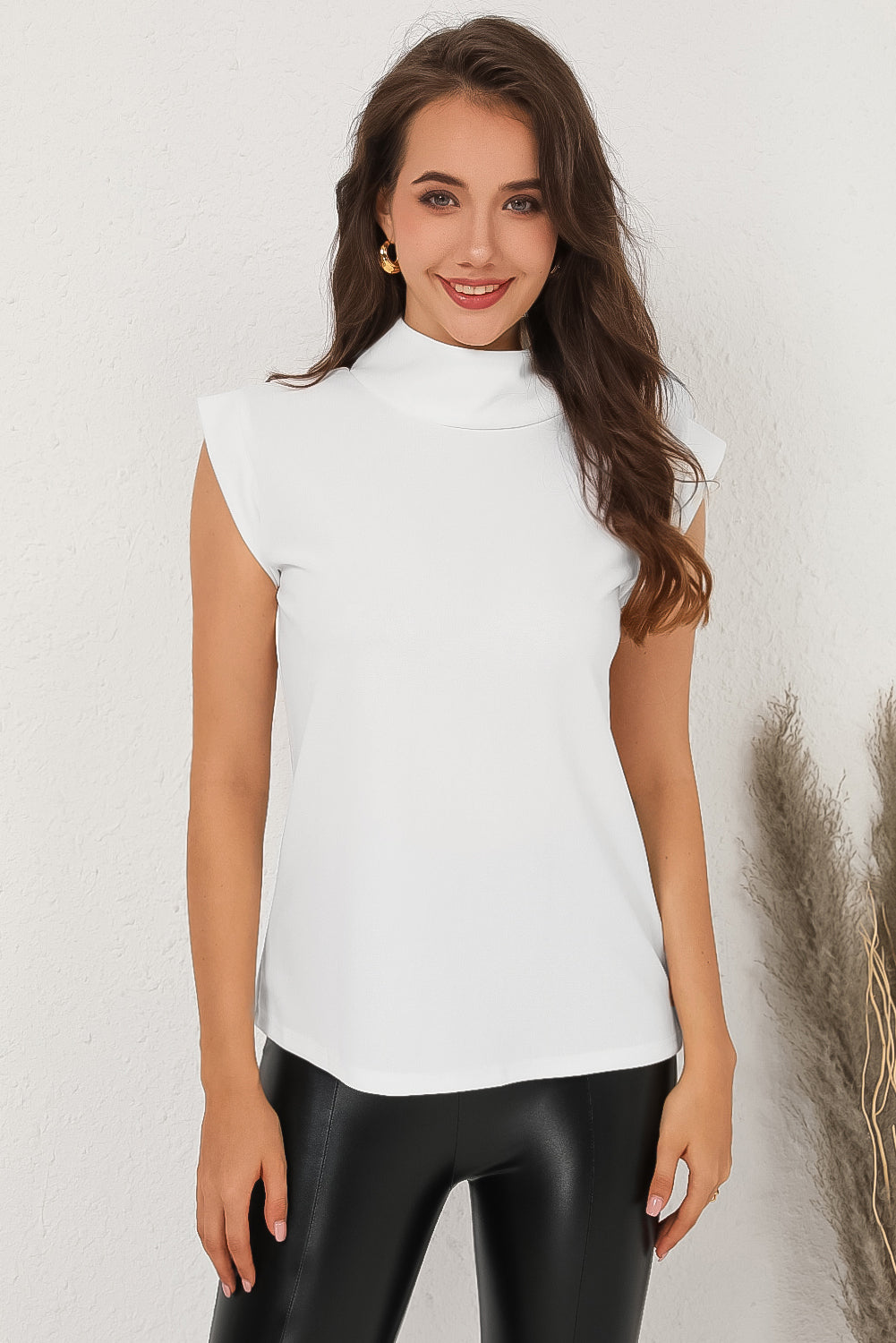 Light Gray Mock Neck Cap Sleeve Blouse Tops