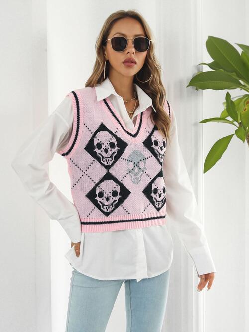 Light Gray Skull Contrast V-Neck Sweater Vest Winter Accessories