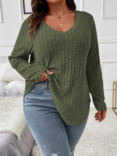 Dark Slate Gray Plus Size V-Neck Long Sleeve T-Shirt Plus Size Clothing