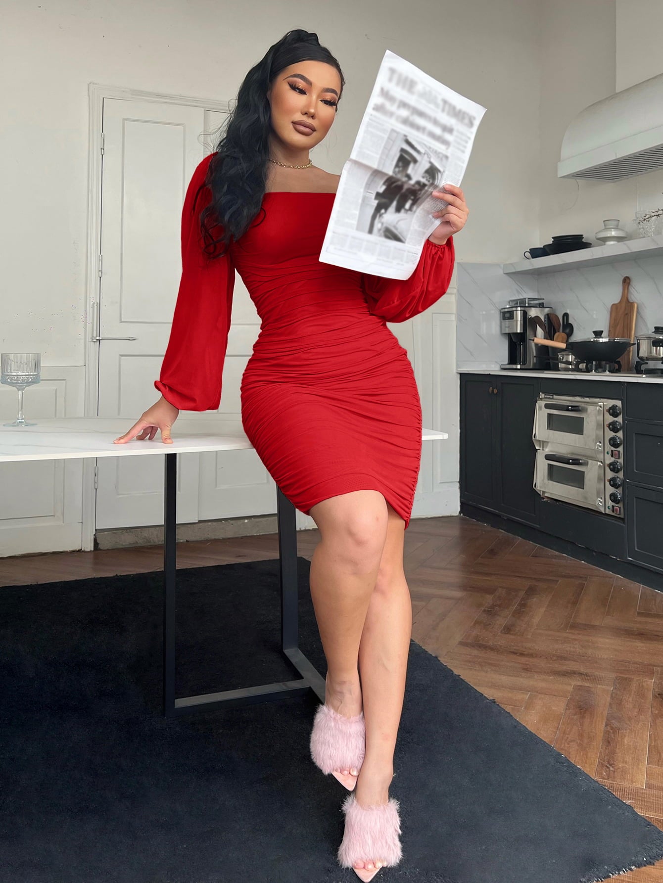 Dark Gray Zip-Back Ruched Bodycon Dress Cocktail Dresses