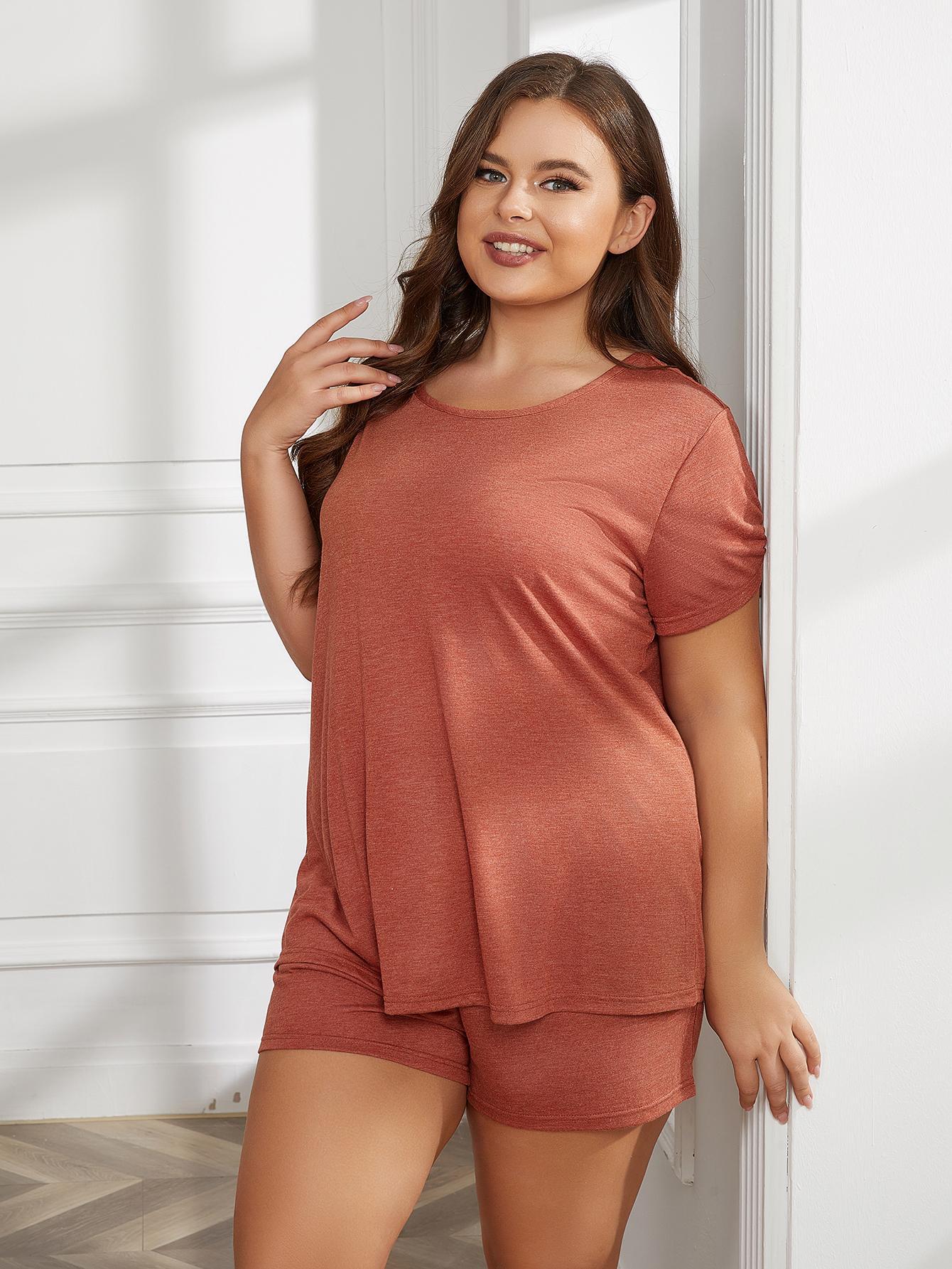 Light Gray Cozy Season Plus Size Round Neck Short Sleeve Two-Piece Loungewear Set Plus Size Loungewear