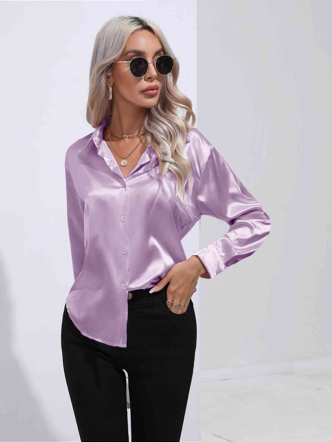 Light Gray Modern Times Collared Neck Buttoned Long Sleeve Shirt Satin Tops