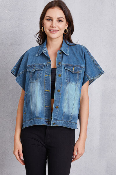 Gray Pocketed Button Up Short Sleeve Denim Top Denim