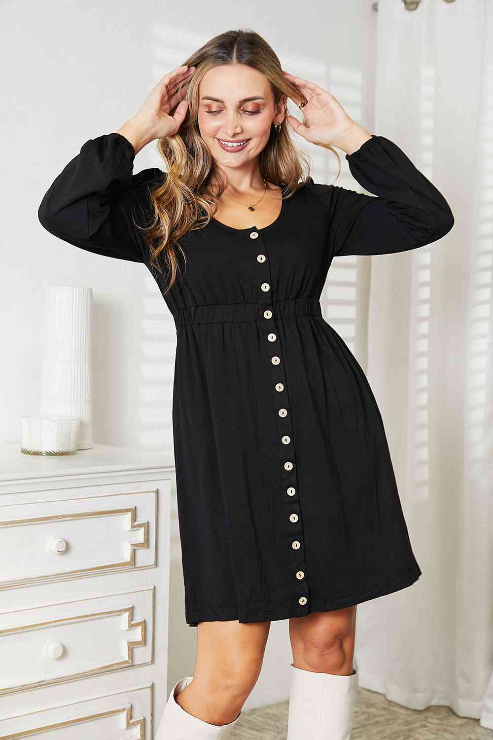 Black Double Take Scoop Neck Empire Waist Long Sleeve Magic Dress Work Attire
