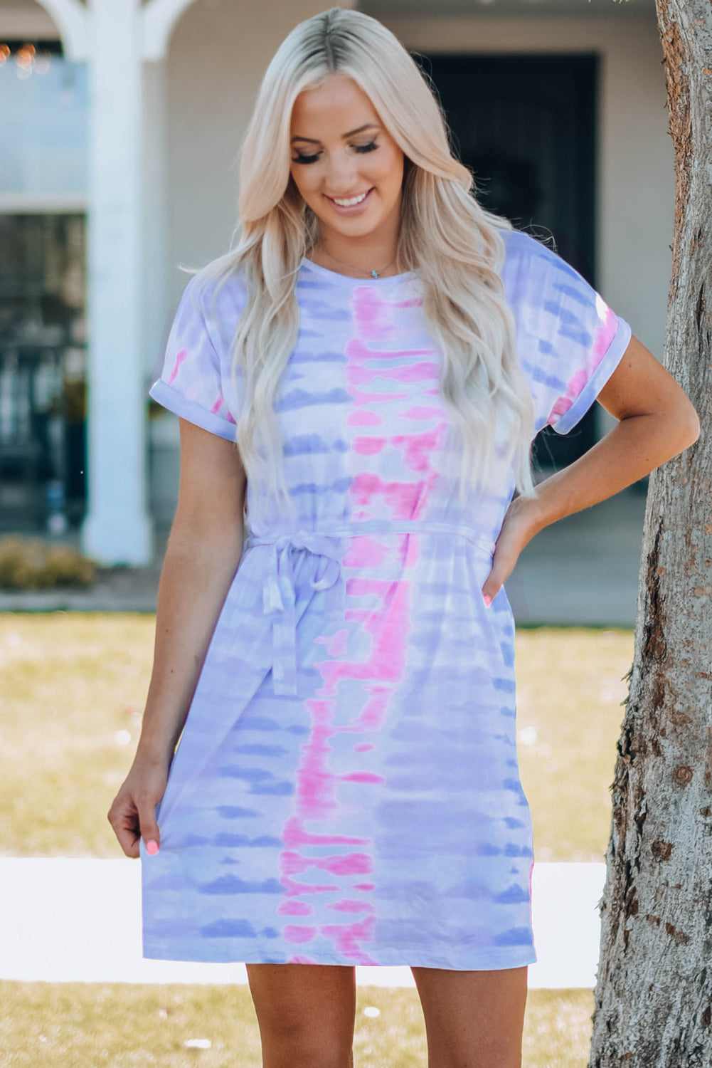 Gray Mommy & Me Women Tie-Dye Belted T-Shirt Dress Mommy & Me