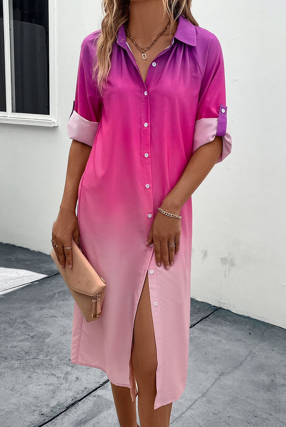 Gray Playing The Game Purple To Pink Gradient Long Sleeve Shirt Dress Midi Dresses