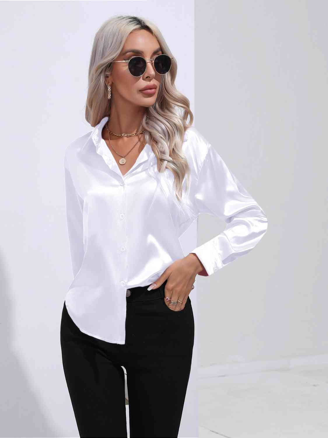 Light Gray Modern Times Collared Neck Buttoned Long Sleeve Shirt Satin Tops